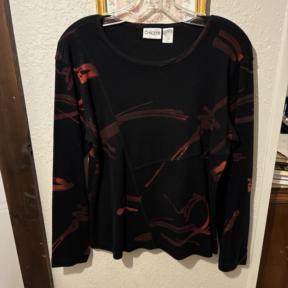 vtg chico size 2 (12) black/red abstract pull over long sleeve womens Top